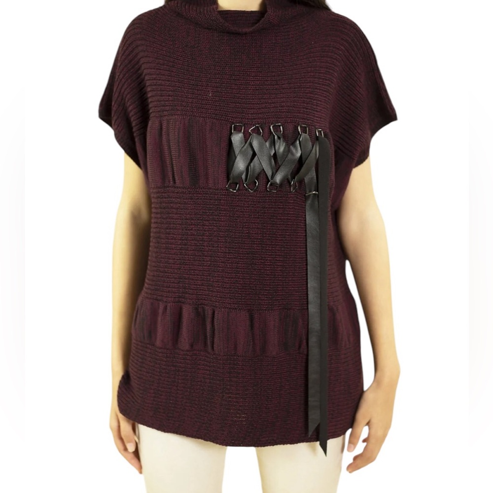 Lauren Vidal Burgundy/Black Cap Sleeve Cowl Neck Sweater with Ribbon Detail M